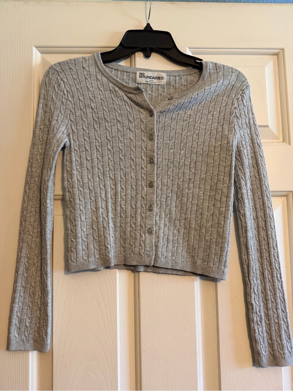 No Boundaries Light Gray Cable-Knit Button Cardigan